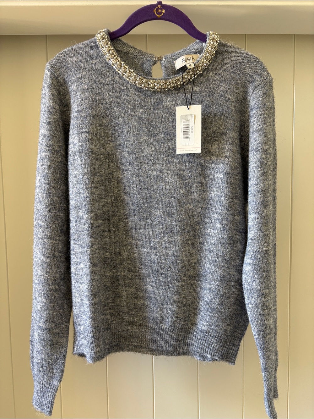Avara Brand Bejeweled Neck Grey Sweater NEW with tags